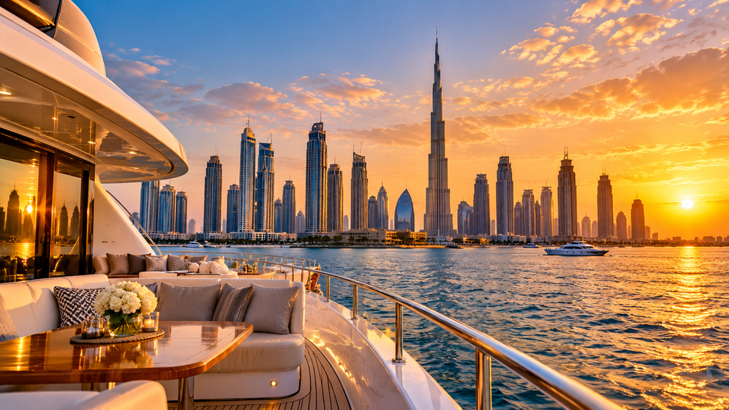luxury yacht sunset over dubai skyline